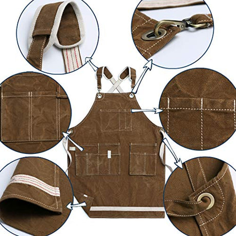 Jeanerlor Waxed Canvas Work Apron for Women with 11 Pockets Water-Resistant Tool Apron Smart Cross-Back Straps Design Adjustable S-M (Coffee) Jeanerlor