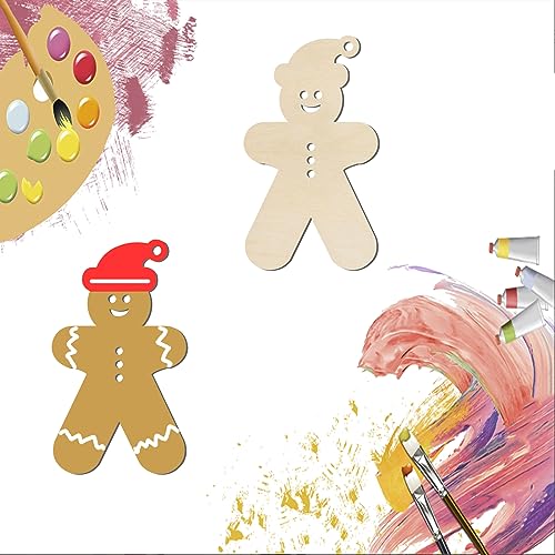 Christmas Hat Gingerbread Man Shape Unfinished Wood Gingerbread Man Blank Wood Pieces Wooden with Twines Art Ornaments for Christmas Wedding Birthday Zontween
