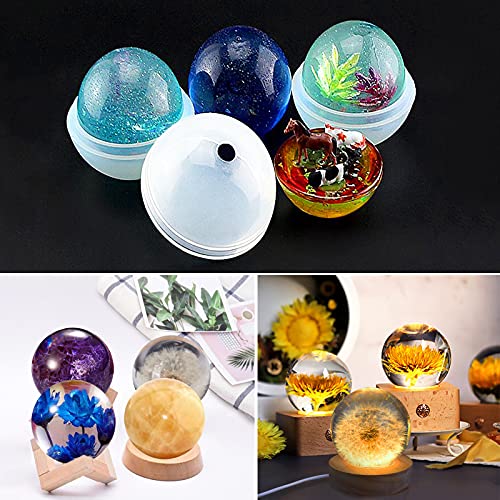 Voaesdk 4 inch Large Sphere Round Light Resin Mold,LED Silicone Resin Mold with 1Pcs USB Powered Wooden Lighted Base Stand for DIY Table Crafts Party Voaesdk
