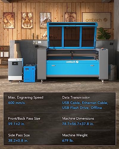 OMTech 130W CO2 Laser Engraver with Water Chiller Autofocus, 35x55 Inch Laser Cutting Engraving Etching Machine with Autolift 3 Way Pass Air Assist, OMTech