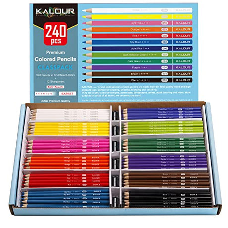 KALOUR Premium Colored Pencils,Bulk Classpack,12 Assorted Vibrant Colors,240 Count Total,School Classroom Supplies For Kids Teachers,Pre-sharpened KALOUR