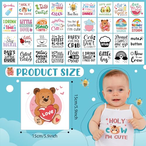 Teling 36 Pcs Iron on Decals Baby Shower Games Iron on Transfers Stickers Patches Baby Bodysuit Making Bibs Decorating Kit Funny Woodland Animal - WoodArtSupply