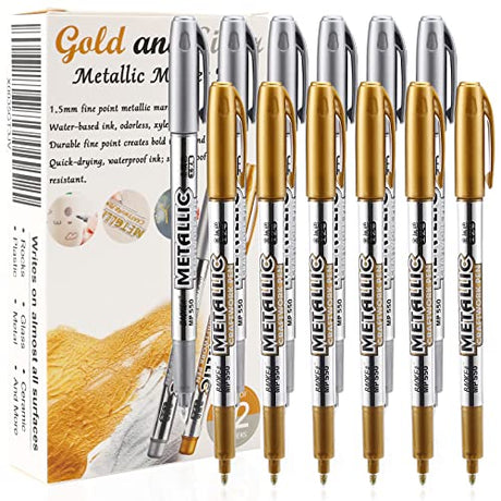 LOONENG Gold and Silver Metallic Markers, Fine Point Gold and Silver Metallic Marker Pens for Adult Coloring, Black Paper, Scrapbooking, Fabric, LOONENG