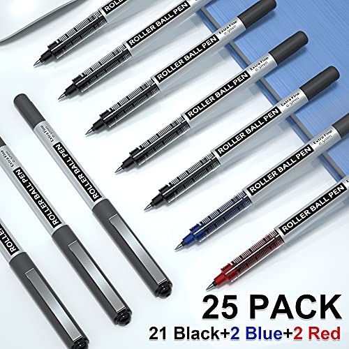 Shuttle Art RollerBall Pens, 25 Pack(21 black 2 blue 2 red) Fine Point Roller Ball Pens, 0.5mm Liquid Ink Pens for Writing Journaling Taking Notes - WoodArtSupply