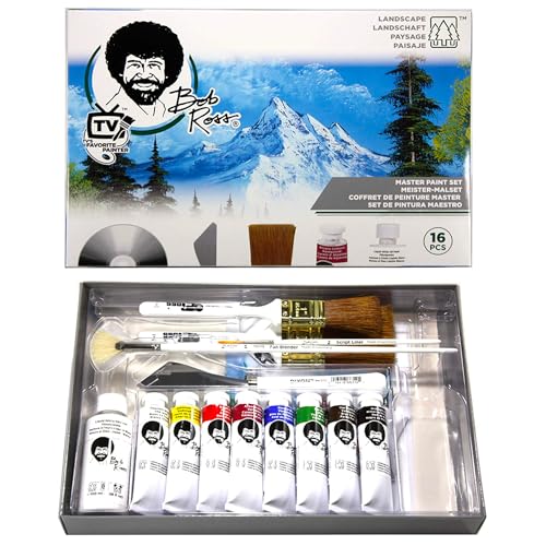 Bob Ross Master Paint Set Artist Bundle 6 Items with Travel Easel, Pre Stretched Painting Canvas, 8oz Natural Brush Cleaner, Clear Acrylic Palette,