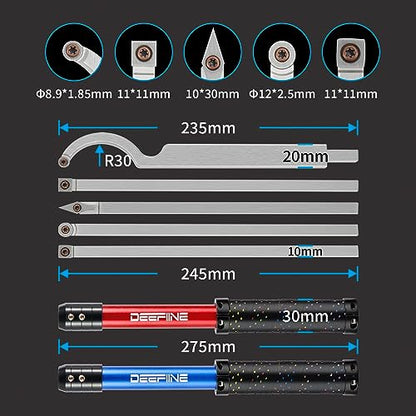 DEEFIINE Carbide Tipped Wood Lathe Turning Tools Set, Lathe Rougher Finisher Swan Neck Hollowing Tools and Interchangeable 19.5"Soft Grip Handle with