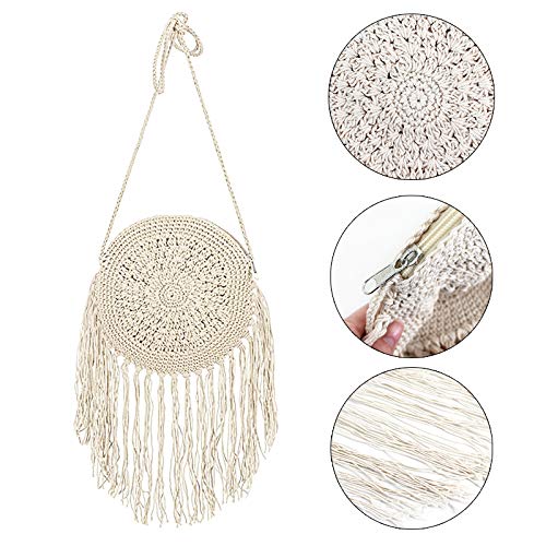 Goclothod Women Crochet Fringed Shoulder Bag Cotton Tassel Crossbody Bag Hippie Beach Purse Off-white - WoodArtSupply