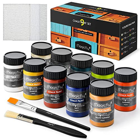 Magicfly 15 Pcs Chalk Paint Set, 9 Colors Ultra Matte Finish Acrylic Craft Paint Set (60 ml/2 oz) with Liquid Wax, 2 Brushes, 3 Sandpapers, Chalk Magicfly