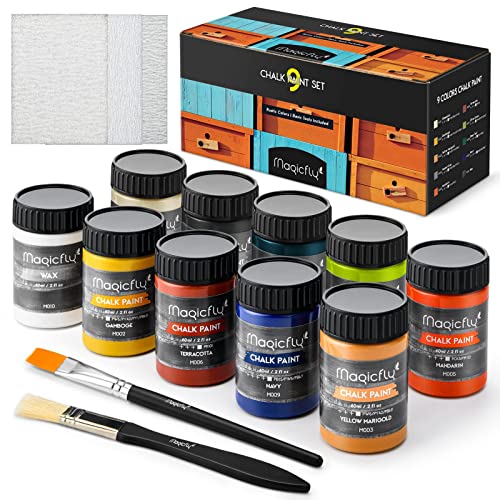 Magicfly 15 Pcs Chalk Paint Set, 9 Colors Ultra Matte Finish Acrylic Craft Paint Set (60 ml/2 oz) with Liquid Wax, 2 Brushes, 3 Sandpapers, Chalk - WoodArtSupply