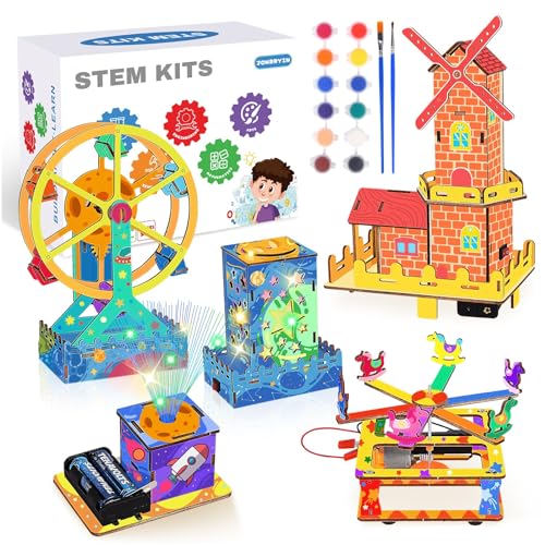 JONRRYIN 5 in 1 STEM Kits for Kids Ages 8-12, 3D Wooden Puzzle Model Kit Craft, DIY Educational STEM Toys Christmas Birthday Gifts for Boys Girls 8 9