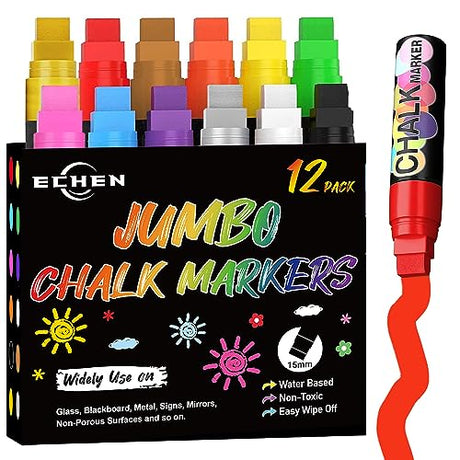 12 Colors Washable Window Markers for Cars, 15mm Jumbo Liquid Chalk Markers, 3 in 1 Nib, Metallic & Neon Paint Glass Pen for Auto, Chalkboard, ECHEN