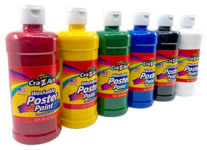 Cra-Z-Art Washable Poster Paint Bulk, Assorted Colors 16oz each bottle, 6 count - WoodArtSupply