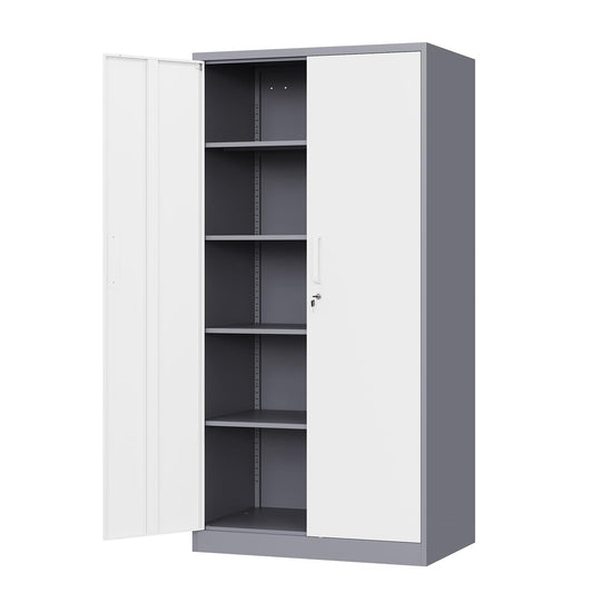 Yizosh Metal Storage Cabinet with Lock - 72" Garage Storage Cabinet with 2 Locking Doors and 4 Adjustable Shelves, Gray White Steel Lockable File - WoodArtSupply