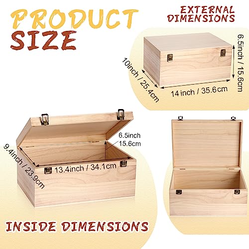 Wesiti 2 Pcs Unfinished Wooden Box 14 x 10 x 6.5 Inch Treasure Chest Craft Box with Hinged Lid Rustic Large Paint Box Stash Crate for Storage Carving