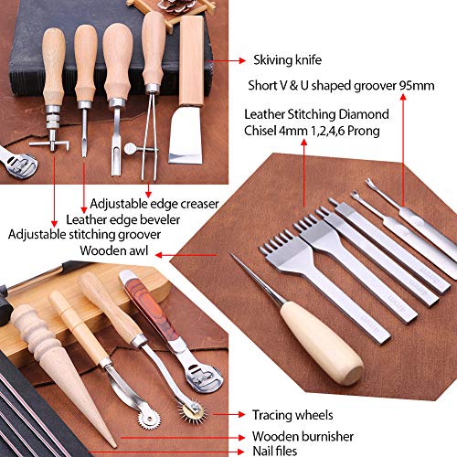 28 Pcs Leathercraft Hand Tools Kit, Upholstery Repair Kit Leather Working Tools with Leather Prong Punch, Leather Hammer, Stitching Groover, Leather JUPEAN