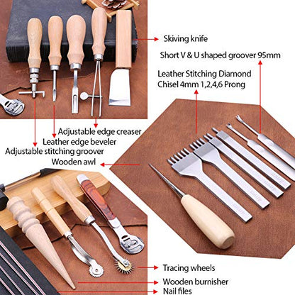 28 Pcs Leathercraft Hand Tools Kit, Upholstery Repair Kit Leather Working Tools with Leather Prong Punch, Leather Hammer, Stitching Groover, Leather - WoodArtSupply