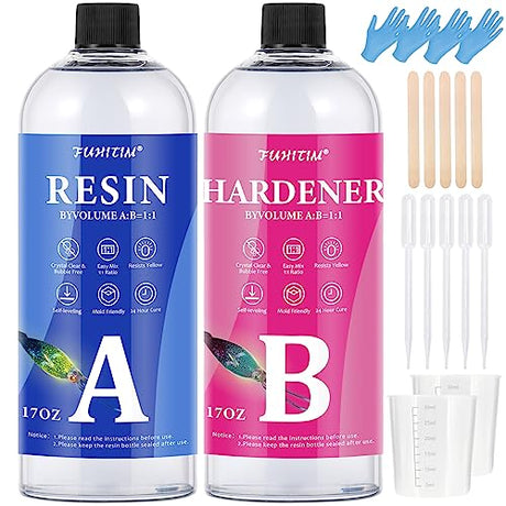 Epoxy Resin 34OZ - Epoxy Resin Kit, Crystal Clear Epoxy Resin Kit - Not Yellowing, No Bubble, Self Leveling, High-Gloss, Casting & Coating for DIY FUHITIM