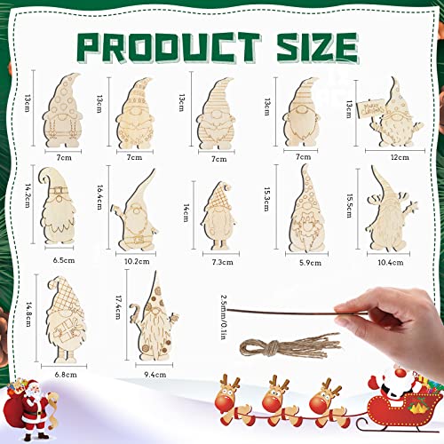 Macarrie 48 Pcs Christmas Wood Gnome Cutouts Blank Unfinished Wooden Gnome Hanging Ornaments Elf Paintable Christmas Ornaments with Rope for DIY Macarrie