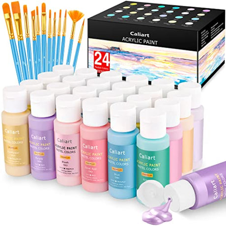 Caliart Pastel Acrylic Paint Set with 12 Brushes, 24 Pastel Colors (59ml, 2oz) Art Craft Paint for Artists Students Kids Beginners, Halloween Caliart