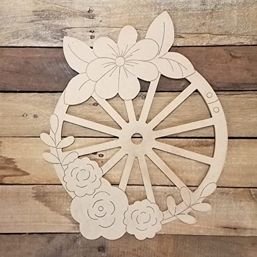 Wagon Wheel with Flowers Cutout, Engraved Shape, Unfinished Wood Craft, Build-A-Cross Build-A-Cross
