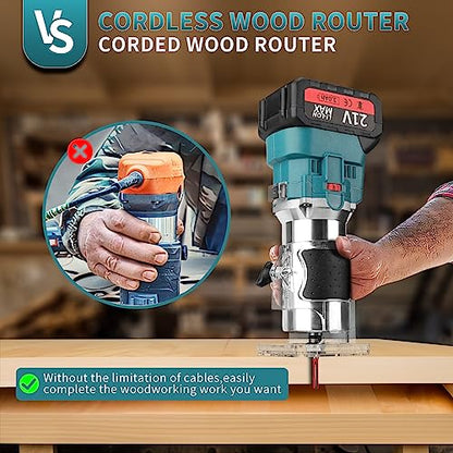 Cordless Compact Router,With Battery 21v Handheld Router,1/4" Router Set 6.35mm Trim Diameter Cordless Palm Router, 6 Level Speed Adjustablesuitable - WoodArtSupply