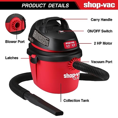 Shop-Vac 2.5 Gallon 2.0 Peak HP Wet/Dry Vacuum, Portable Compact Shop Vacuum with Top Handle, Wall Bracket & Attachments Shop-Vac
