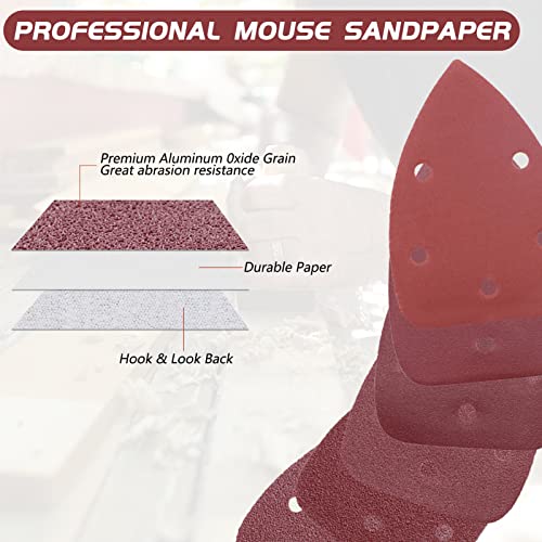 ZEHIQ 100 Pieces Mouse Detail Sander Sandpaper, Mouse Sanding Disc Hook and Loop Sanding Sheets Assorted 40/60/80/120/240/320/400/600/800/1000 Grits ZEHIQ