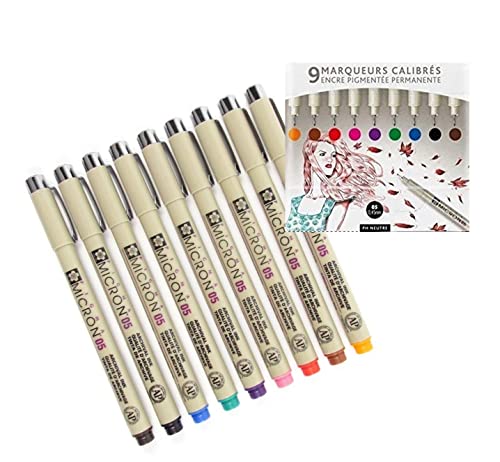 SAKURA Pigma Micron 05 Pack of 9 Colours, Black, Orange, Brown, Red, Pink, Green, Purple, Blue, Sepia - WoodArtSupply