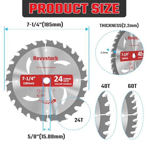 3-Pack Combo 7-1/4 Inch 24T&40T&60T with 5/8 Inch Arbor, Carbide 24T Framing, 40T Ripping & Crosscutting, 60T Finish Carbide Circular Saw Blade for Revvstark