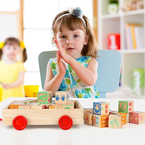 Joqutoys Wooden Building Blocks for Toddlers 1-3, Large Wood Baby Stacking Blocks Set for Kids, 30 PCS Alphabet Blocks with Toy Wagon, Educational Joqutoys