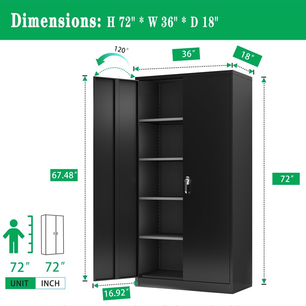 Anwick Locking Metal Storage Cabinet with 2 Doors and 4 Adjustable Shelves, for Office, Garage, Home, Classroom, Shop, Pantry, 72" (Black) - WoodArtSupply