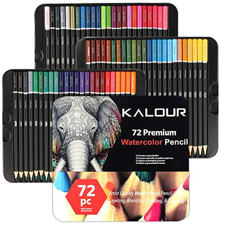 KALOUR Watercolor Pencils - Professional Set of 72 - Beautiful Blending Effects with Wet or Dry - Ideal for Coloring Book - Water Soluble Pencils for KALOUR