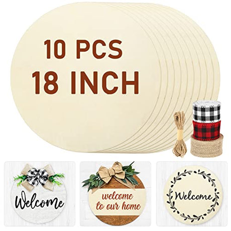 Whaline 10Pcs 18 Inch Valentine's Day Wood Circles for Crafts with Ribbon & Twine Holiday Rustic Round Wooden Signs Blank Wood Slices for Festival Whaline