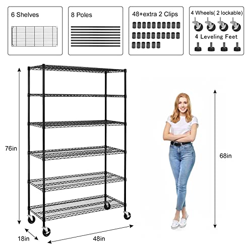 YYkokocat 6000Lbs Capacity Heavy Duty Storage Shelves Commercial Wire Shelving Unit and Storage Adjustable NSF 6 Tier Metal Rack Shelf on Wheels for YYkokocat