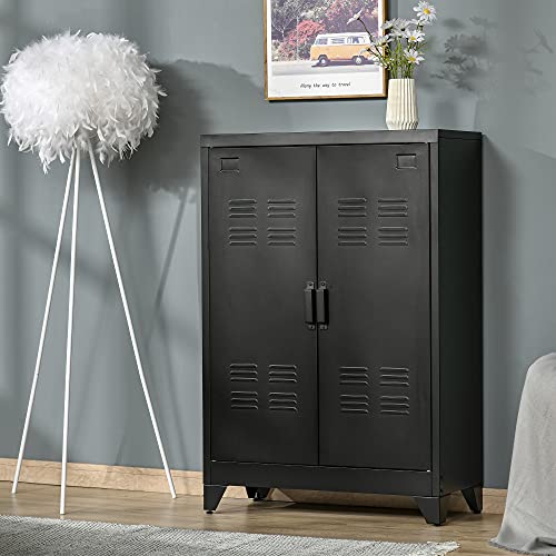 HOMCOM Industrial Storage Cabinet, Steel Garage Cabinet with Double Doors and Adjustable Shelves, Black HOMCOM