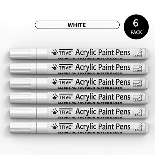 White Marker Paint Pens - 6 Pack Acrylic White Permanent Marker, 0.7mm Extra Fine Tip Paint Pen for Art projects, Drawing, Rock Painting, Stone, TFIVE