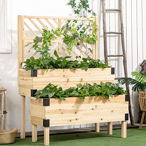 Outsunny Raised Garden Bed with Trellis, 2 Tier Wooden Elevated Planter Box with Legs and Metal Corners, for Vegetables, Flowers, Herbs, Natural Outsunny