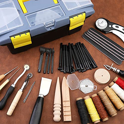 Leather Working Kit, Leather Repair Kit, Leather Working Tools with Instructions, Quality Tool Box, Rotary Cutter, Waxed Thread, Tracing Wheel, and - WoodArtSupply