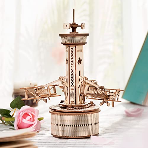 ROKR 3D Wooden Puzzles for Adults Mechanical Music Box-Airplane Tower, DIY Rotating Music Box Model Building Kits for Teens, DIY Crafts/Hobbies/Gifts - WoodArtSupply