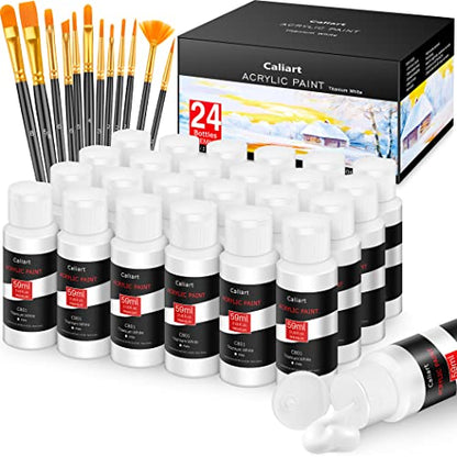 Caliart White Acrylic Paint With 12 Brushes, 24 Titanium White Paint (59ml, 2oz) Art Craft for Artists Kids Students Beginners & Painters, Canvas - WoodArtSupply