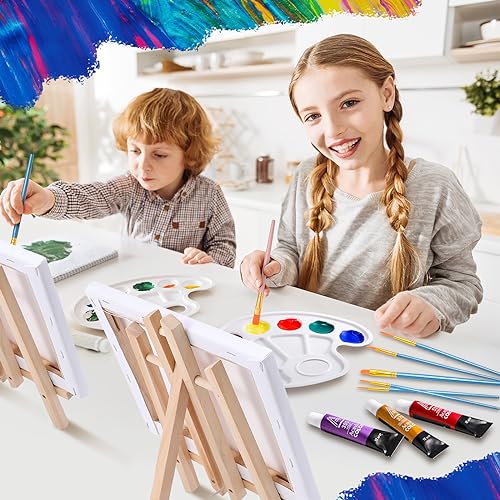 Yeaqee 84 Pcs Professional Painting Set with 6 Wooden Easel, 6 Canvases, 6 Palette, 6 Mini Acrylic Paint, 6 Packs of 60 Brushes, Painting Supplies - WoodArtSupply