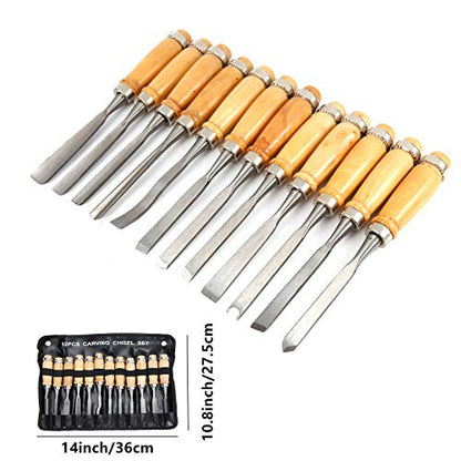 MYOYAY 12Pcs Wood Carving Tools Set Full Size Woodworking Chisels Wooden Knife Gouge Kits Carbon Steel Sculpting Chisel with Canvas Case for - WoodArtSupply