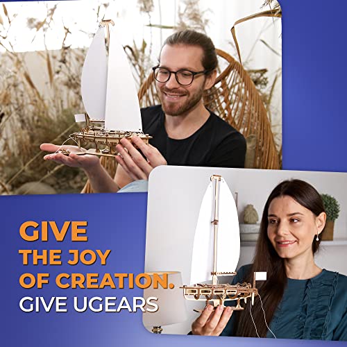 UGEARS Ocean Beaty Yacht 3D Wooden Puzzle - Wooden Mechanical Model Kit to Build - DIY Puzzle Boat with Paper Sails - Brain Teaser Building Set for UGEARS