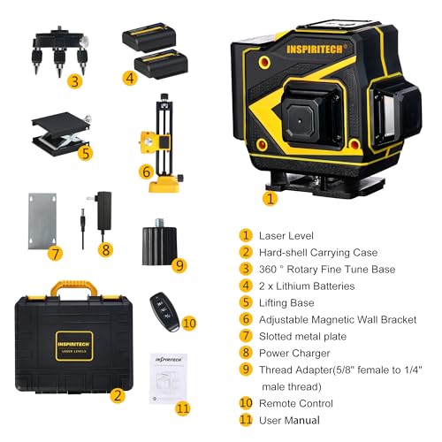 INSPIRITECH Tile Laser Level Self Leveling 3D Alignment Guide,3x360° Horizontal Vertical 12 Cross Lines, Green Beam Lazer Leveler Tool for Floor - WoodArtSupply