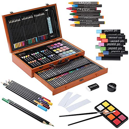 XARONF Art Supplies, 142-Piece Deluxe Wooden Art Set Crafts Kit, Oil Pastels, Colored Pencils, Watercolor Cakes, Creative Gift for Kids, Teens, - WoodArtSupply