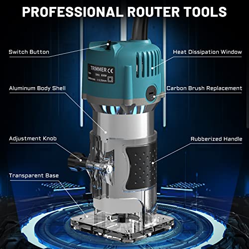 TwoWin Router Tool, 110V 800W Compact Palm Wood Router Tool for Woodworking, Electric Hand Trimmer 1/4" Collets Woodworking Tool Laminate Trimmer + TwoWin