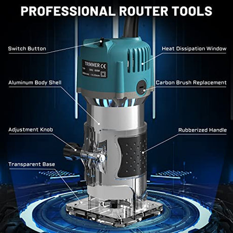 TwoWin Router Tool, 110V 800W Compact Palm Wood Router Tool for Woodworking, Electric Hand Trimmer 1/4" Collets Woodworking Tool Laminate Trimmer + TwoWin