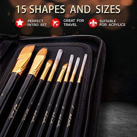 Mont Marte Art Paint Brushes Set, Great for Watercolor, Acrylic, Oil-15 Different Sizes Nice Gift for Artists, Adults & Kids Mont Marte