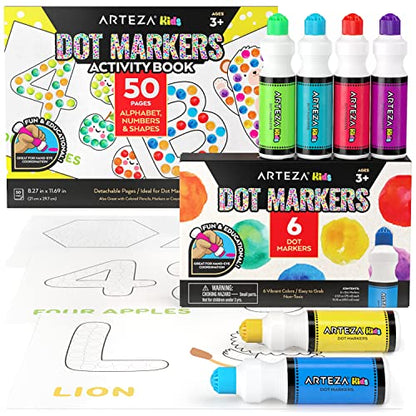 Arteza Kids Dot Markers and Kids’ Activity Book, 6 Nontoxic Bingo Daubers, 50-Page Book with Alphabet, Numbers, and Shapes — Back to School Supplies