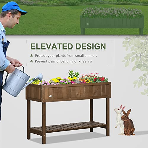 Outsunny Raised Garden Bed with 8 Pockets and Shelf, Wooden Elevated Planter Box with Legs to Grow Herbs, Vegetables, and Flowers, Dark Brown Outsunny